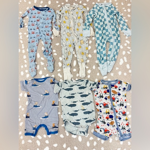 Little Sleepies Other - Lot of 6 bamboo footies shortie romper onesie baby boy checkered dogs animals